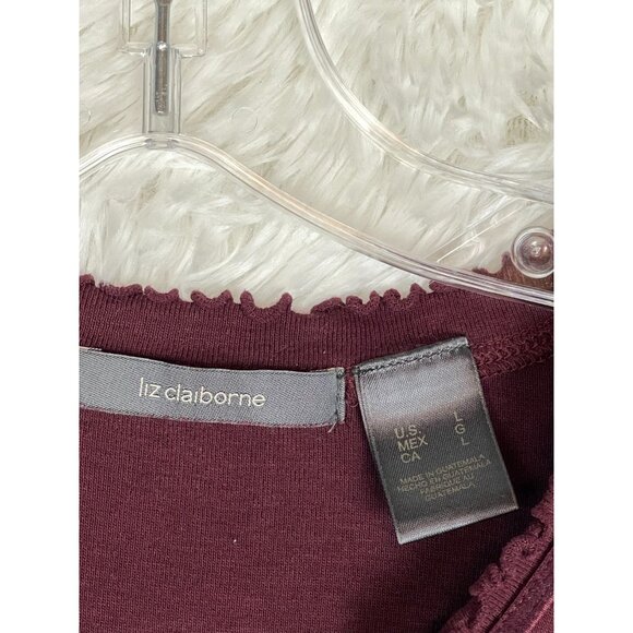 Liz Claiborne Large Short Sleeve Maroon Top Ruffled Edges V-Neck - Picture 3 of 6
